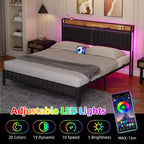 Cadre de lit plateforme tapissé pour matelas d'environ 137 × 191, 152 × 203 ou 193 × 203 cm avec éclairage LED et station de charge