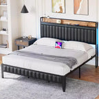 Cadre de lit plateforme tapissé pour matelas d'environ 137 × 191, 152 × 203 ou 193 × 203 cm avec éclairage LED et station de charge
