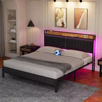Cadre de lit plateforme tapissé pour matelas d'environ 137 × 191, 152 × 203 ou 193 × 203 cm avec éclairage LED et station de charge