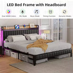 Cadre de lit plateforme tapissé pour matelas d'environ 137 × 191, 152 × 203 ou 193 × 203 cm avec éclairage LED et station de charge
