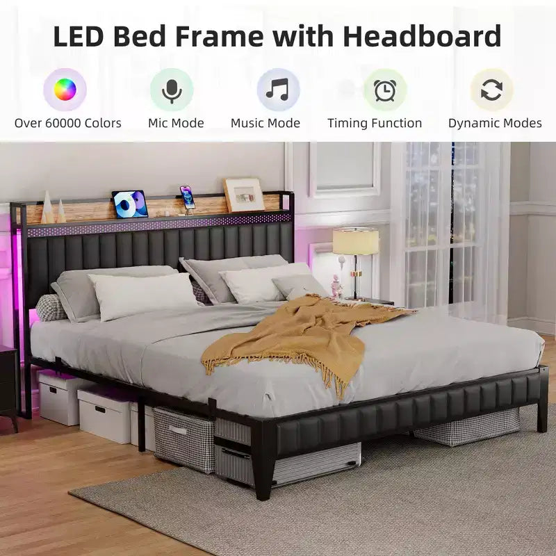 Cadre de lit avec lumières LED et tête de lit de rangement, lit plateforme rembourré avec station de recharge, robuste, sans sommier tapissier requis, montage facile