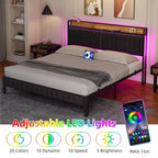 Cadre de lit plateforme tapissé pour matelas d'environ 137 × 191, 152 × 203 ou 193 × 203 cm avec éclairage LED et station de charge