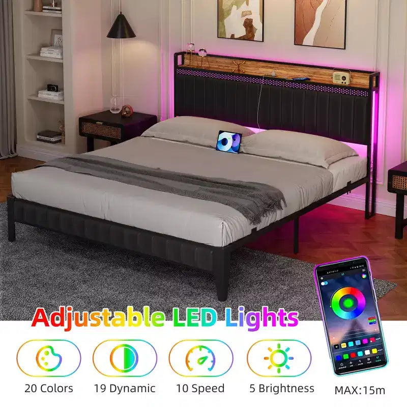 Cadre de lit avec lumières LED et tête de lit de rangement, lit plateforme rembourré avec station de recharge, robuste, sans sommier tapissier requis, montage facile
