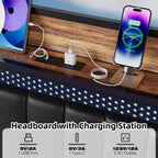Cadre de lit plateforme tapissé pour matelas d'environ 137 × 191, 152 × 203 ou 193 × 203 cm avec éclairage LED et station de charge