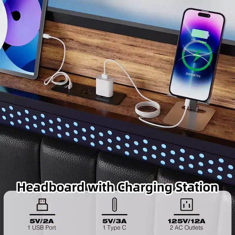 Cadre de lit avec lumières LED et tête de lit de rangement, lit plateforme rembourré avec station de recharge, robuste, sans sommier tapissier requis, montage facile