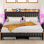 Cadre de lit plateforme tapissé pour matelas d'environ 137 × 191, 152 × 203 ou 193 × 203 cm avec éclairage LED et station de charge