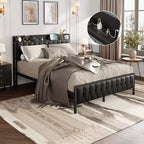 Black Metal Platform Bed Frame for Approx. 137 × 191 cm Mattress with Storage and Charging Station