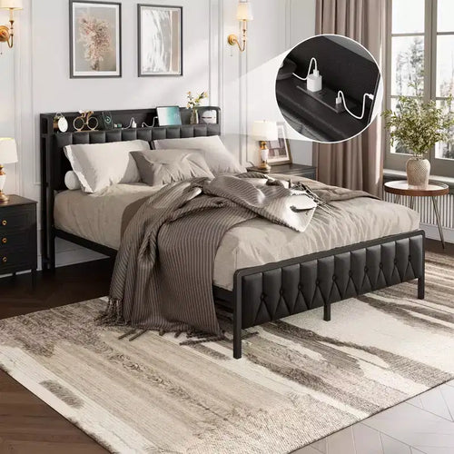 Black Metal Platform Bed Frame for Approx. 137 × 191 cm Mattress with Storage and Charging Station