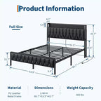 Cadre de lit plateforme en métal noir pour matelas d'environ 137 × 191 cm avec rangement et station de recharge