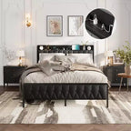 Cadre de lit plateforme en métal noir pour matelas d'environ 137 × 191 cm avec rangement et station de recharge