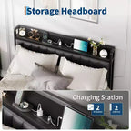 Cadre de lit plateforme en métal noir pour matelas d'environ 137 × 191 cm avec rangement et station de recharge