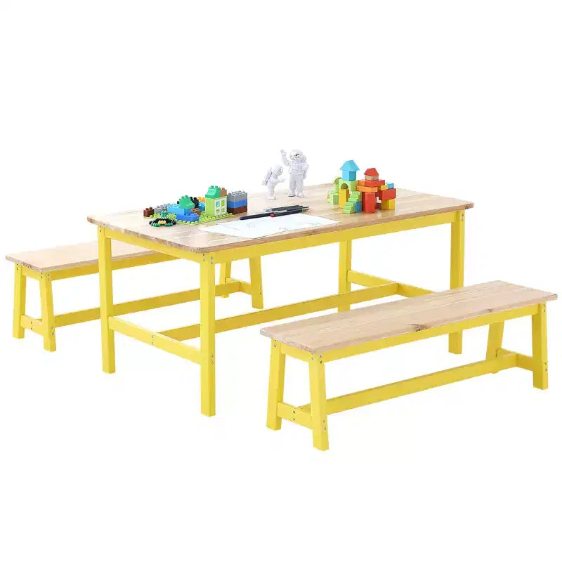 VEVOR Kids Table and Bench Set, Toddler Table and Chair Set of 3, Wood Activity Table for Art, Craft, Reading, Learning,Light Wood Color+Yellow