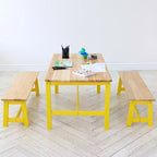 VEVOR Ensemble table et banc pour enfants, ensemble table et chaises pour tout-petits de 3 pièces, table d'activités en bois pour l'art, l'artisanat, la lecture, l'apprentissage, couleur bois clair + jaune