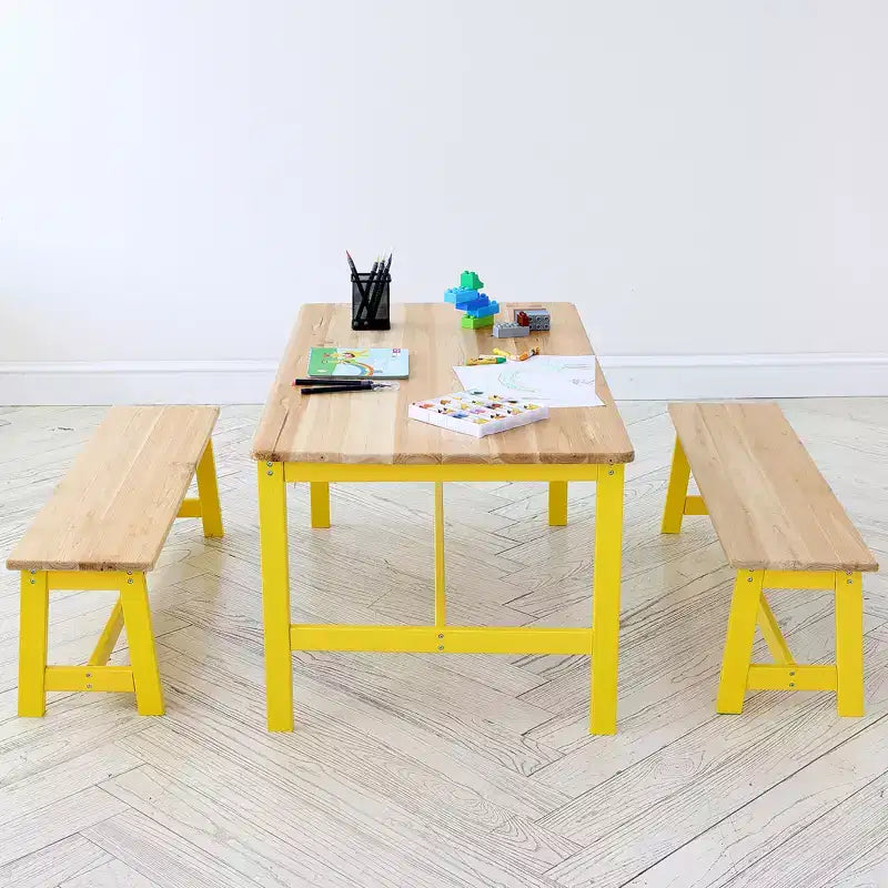 VEVOR Ensemble table et banc pour enfants, ensemble table et chaises pour tout-petits de 3 pièces, table d'activités en bois pour l'art, l'artisanat, la lecture, l'apprentissage, couleur bois clair + jaune