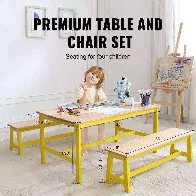 VEVOR Ensemble table et banc pour enfants, ensemble table et chaises pour tout-petits de 3 pièces, table d'activités en bois pour l'art, l'artisanat, la lecture, l'apprentissage, couleur bois clair + jaune