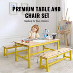 VEVOR Ensemble table et banc pour enfants, ensemble table et chaises pour tout-petits de 3 pièces, table d'activités en bois pour l'art, l'artisanat, la lecture, l'apprentissage, couleur bois clair + jaune