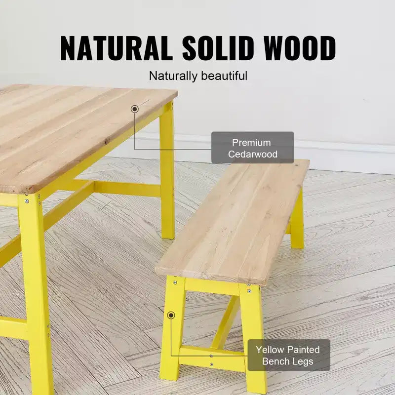VEVOR Ensemble table et banc pour enfants, ensemble table et chaises pour tout-petits de 3 pièces, table d'activités en bois pour l'art, l'artisanat, la lecture, l'apprentissage, couleur bois clair + jaune