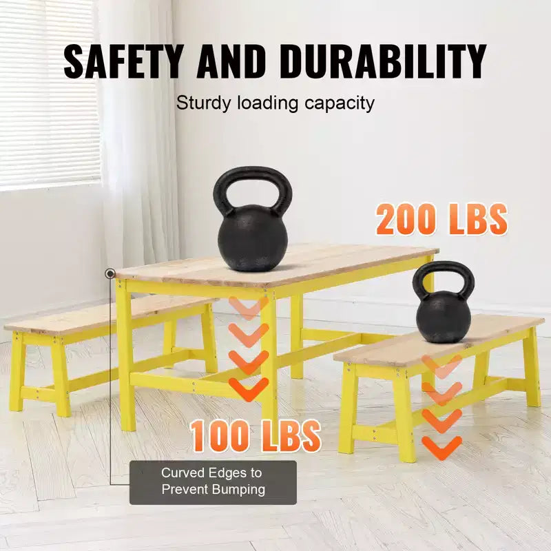 VEVOR Ensemble table et banc pour enfants, ensemble table et chaises pour tout-petits de 3 pièces, table d'activités en bois pour l'art, l'artisanat, la lecture, l'apprentissage, couleur bois clair + jaune
