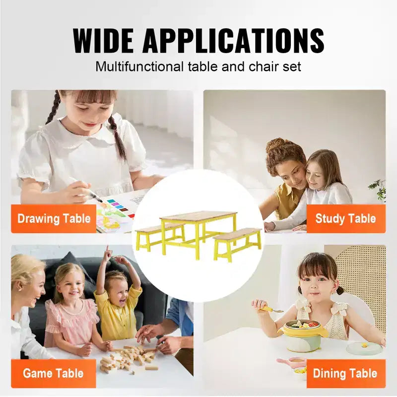 VEVOR Ensemble table et banc pour enfants, ensemble table et chaises pour tout-petits de 3 pièces, table d'activités en bois pour l'art, l'artisanat, la lecture, l'apprentissage, couleur bois clair + jaune