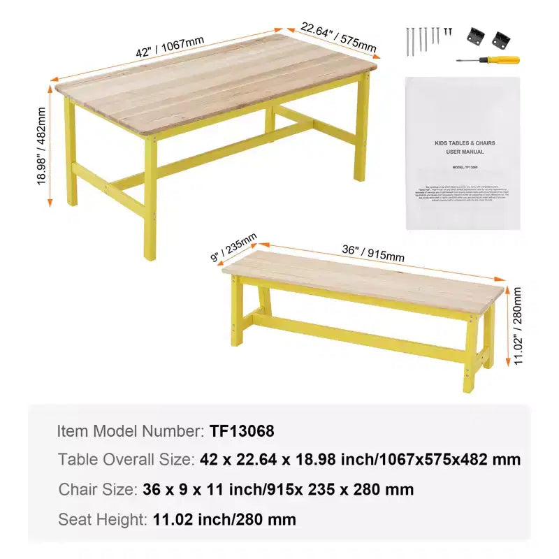 VEVOR Ensemble table et banc pour enfants, ensemble table et chaises pour tout-petits de 3 pièces, table d'activités en bois pour l'art, l'artisanat, la lecture, l'apprentissage, couleur bois clair + jaune