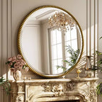 Miroir mural rond décoratif avec cadre en résine, idéal pour salle de bain ou coiffeuse