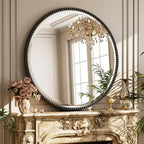 Miroir mural rond décoratif avec cadre en résine, idéal pour salle de bain ou coiffeuse