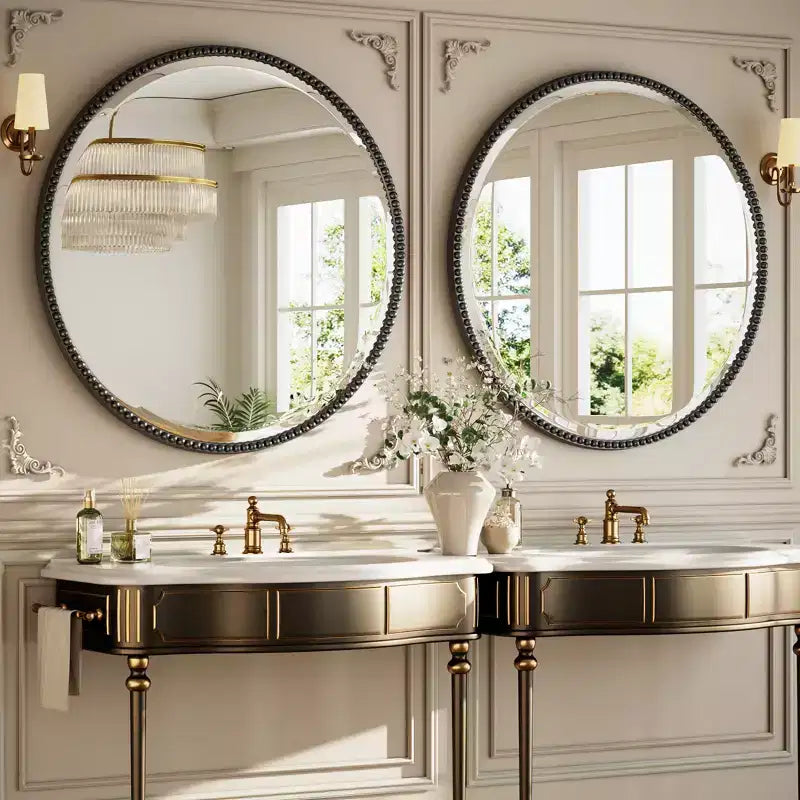Miroir mural rond décoratif avec cadre en résine, idéal pour salle de bain ou coiffeuse