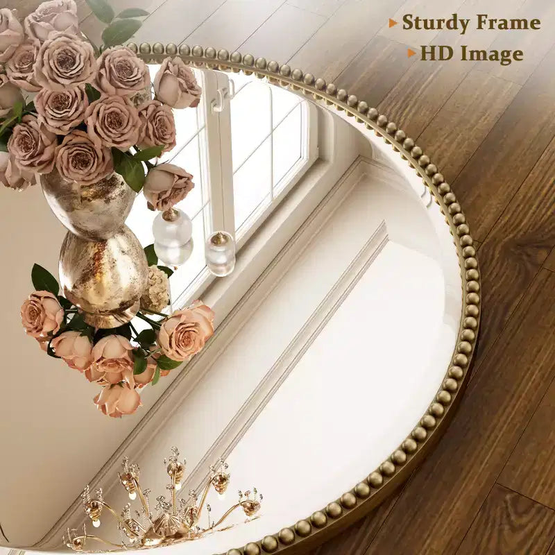 Miroir mural rond décoratif avec cadre en résine, idéal pour salle de bain ou coiffeuse
