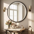 Miroir mural rond décoratif avec cadre en résine, idéal pour salle de bain ou coiffeuse