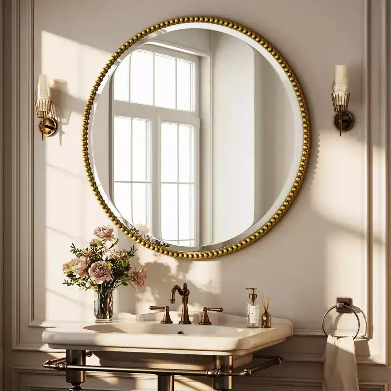 Miroir mural rond décoratif avec cadre en résine, idéal pour salle de bain ou coiffeuse