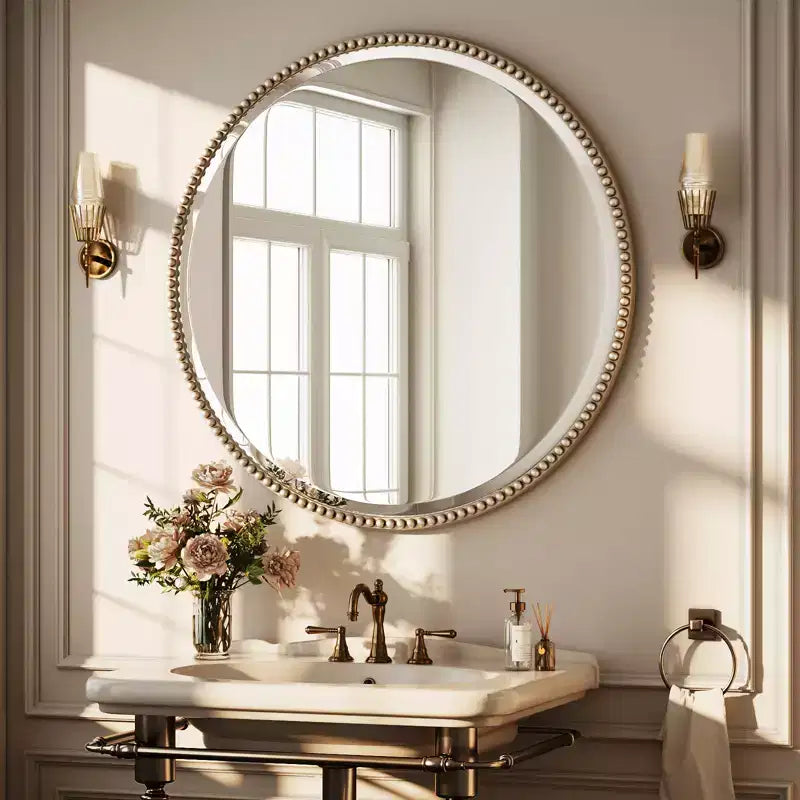 Miroir mural rond décoratif avec cadre en résine, idéal pour salle de bain ou coiffeuse