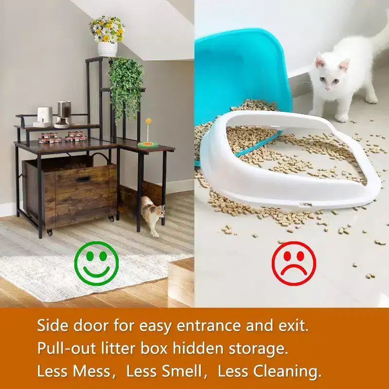 Meuble à litière pour chat à 6 étagères avec tiroir coulissant et tapis – Meuble de litière en bois dissimulé pour coin