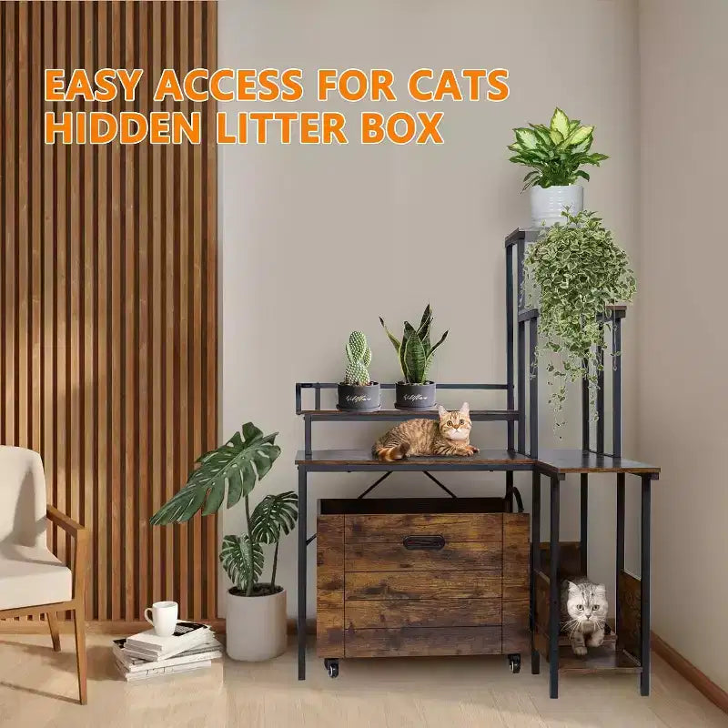 Meuble à litière pour chat à 6 étagères avec tiroir coulissant et tapis – Meuble de litière en bois dissimulé pour coin