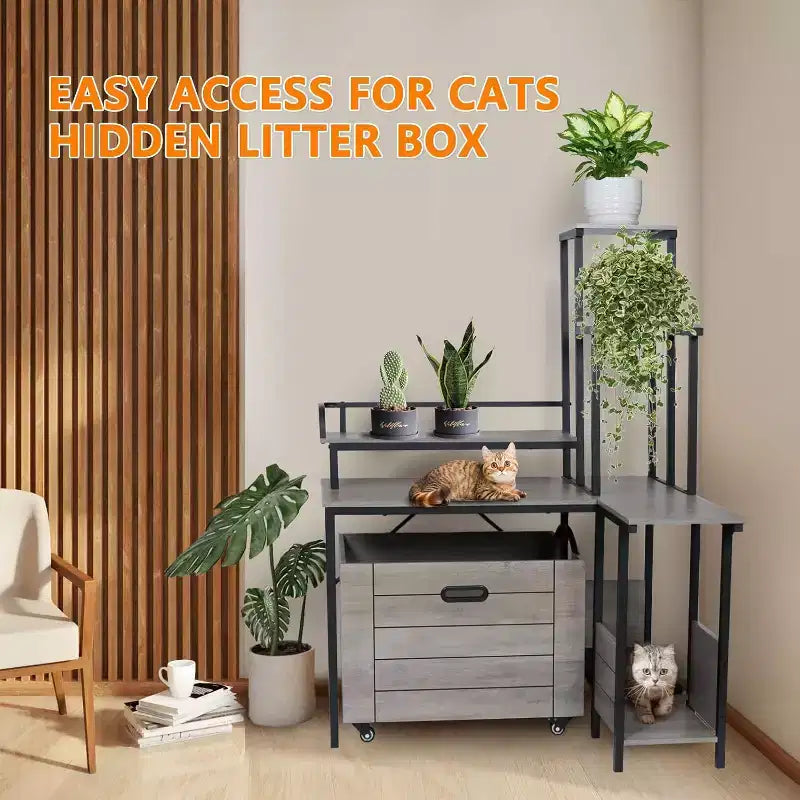 Meuble à litière pour chat à 6 étagères avec tiroir coulissant et tapis – Meuble de litière en bois dissimulé pour coin
