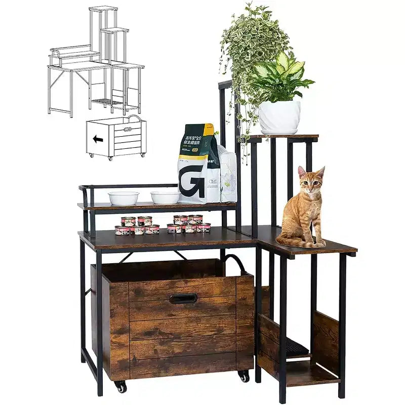 Meuble à litière pour chat à 6 étagères avec tiroir coulissant et tapis – Meuble de litière en bois dissimulé pour coin