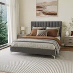 Grey Velvet Upholstered Bed Frame for Approx. 137 × 191 or 152 × 203 cm Mattress with Adjustable Headboard