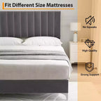 Cadre de lit en velours gris pour matelas d'environ 137 × 191 ou 152 × 203 cm avec tête de lit réglable