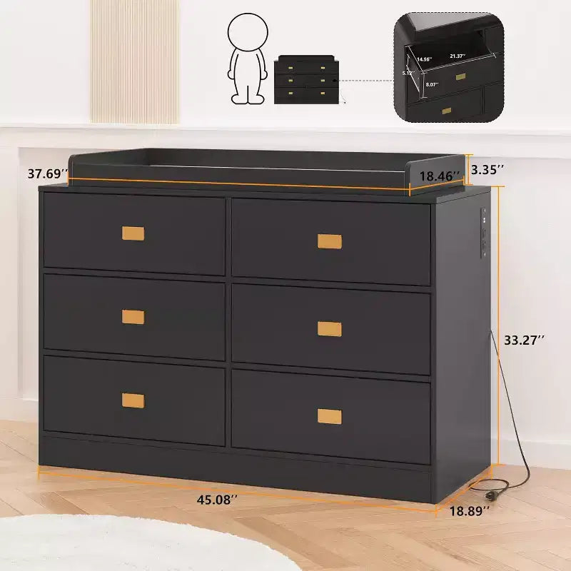 Commode de chambre avec 6 tiroirs, commode à langer, matelas doux et plateau amovible, commode bébé avec plateau à langer pour chambre d'enfant.