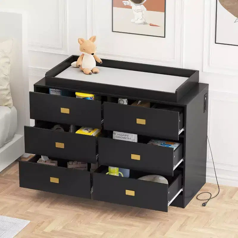 Commode de chambre avec 6 tiroirs, commode à langer, matelas doux et plateau amovible, commode bébé avec plateau à langer pour chambre d'enfant.