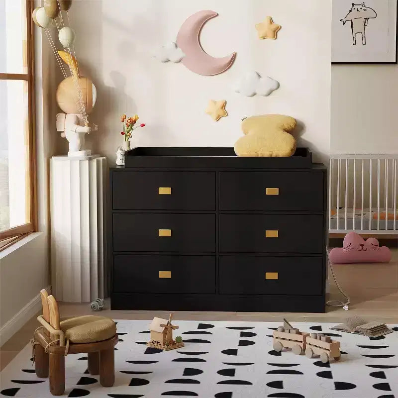 Commode de chambre avec 6 tiroirs, commode à langer, matelas doux et plateau amovible, commode bébé avec plateau à langer pour chambre d'enfant.
