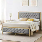 Grey Button-Tufted Upholstered Bed Frame for Approx. 137 × 191 cm Mattress with 32 cm Under-Bed Storage