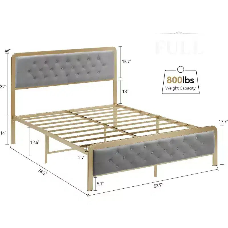 Cadre de lit entièrement capitonné avec tête de lit capitonnée - Métal robuste, rangement de 12,6 po, aucun sommier tapissier requis, assemblage facile (gris)