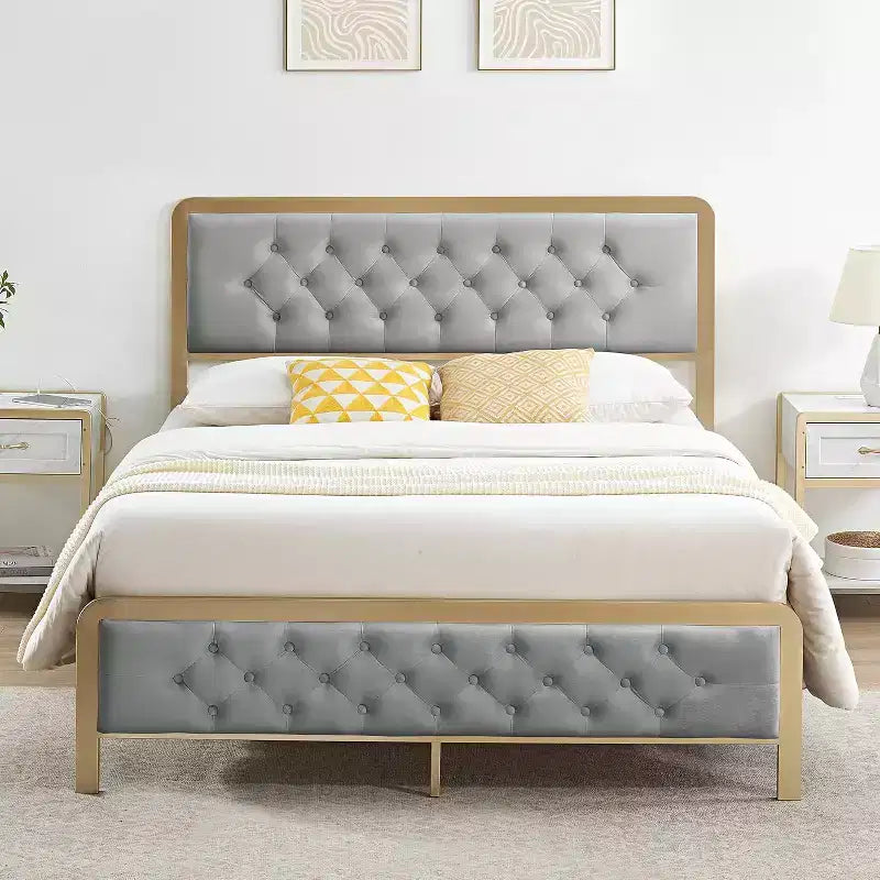 Cadre de lit entièrement capitonné avec tête de lit capitonnée - Métal robuste, rangement de 12,6 po, aucun sommier tapissier requis, assemblage facile (gris)