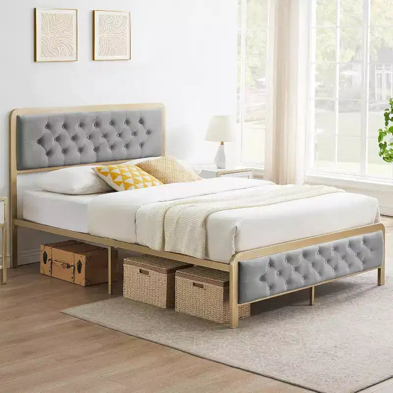 Cadre de lit entièrement capitonné avec tête de lit capitonnée - Métal robuste, rangement de 12,6 po, aucun sommier tapissier requis, assemblage facile (gris)
