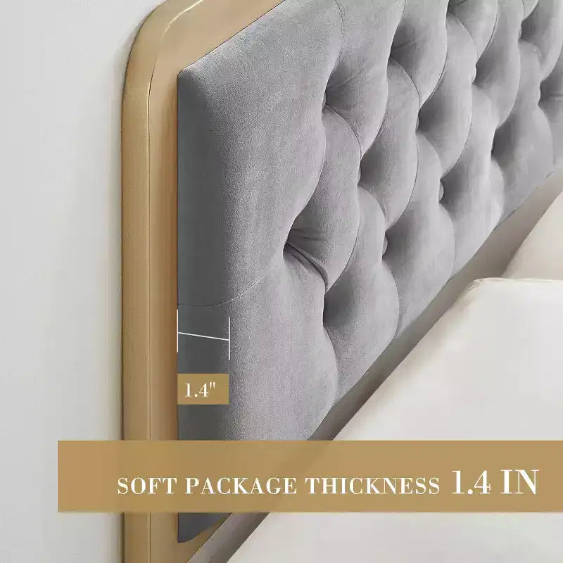 Cadre de lit entièrement capitonné avec tête de lit capitonnée - Métal robuste, rangement de 12,6 po, aucun sommier tapissier requis, assemblage facile (gris)