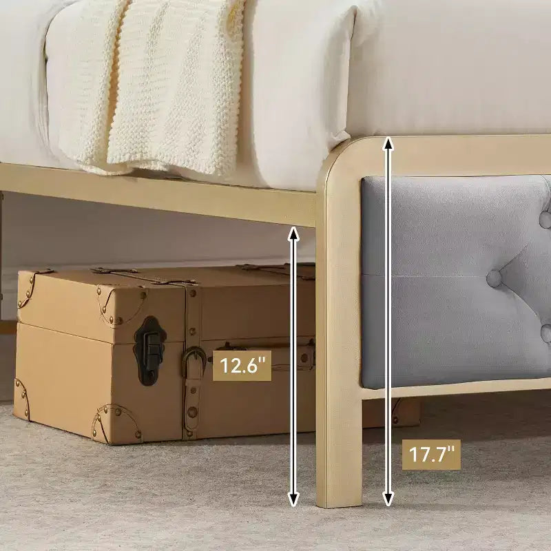 Cadre de lit entièrement capitonné avec tête de lit capitonnée - Métal robuste, rangement de 12,6 po, aucun sommier tapissier requis, assemblage facile (gris)