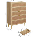 Commode haute en rotin à 5 tiroirs, grand coffre de rangement, armoire en bois sur pied pour chambre, placard, salon