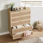 Commode haute en rotin à 5 tiroirs, grand coffre de rangement, armoire en bois sur pied pour chambre, placard, salon
