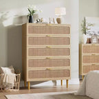 Commode haute en rotin à 5 tiroirs, grand coffre de rangement, armoire en bois sur pied pour chambre, placard, salon