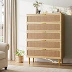 Commode haute en rotin à 5 tiroirs, grand coffre de rangement, armoire en bois sur pied pour chambre, placard, salon
